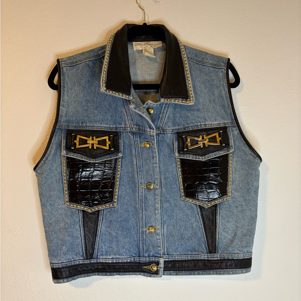 Vtg St. Maarten Dallas Denim Vest Black Leather Studs Buckles Pockets Size M
